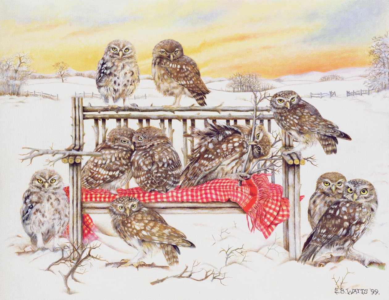 Little Owls on Twig Bench ، 1999 (أكريليك على قماش) بواسطة واتس