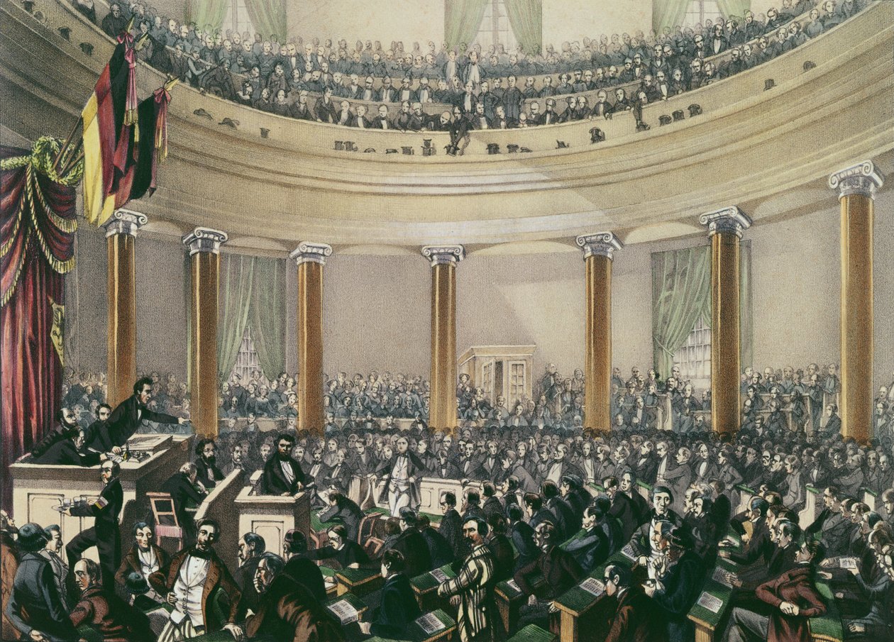 عقدت الجمعية الوطنية في الكنيسة سانت بول ، فرانكفورت ، مايو 1848 (الطباعة الحجرية الملونة) بواسطة EG مايو
