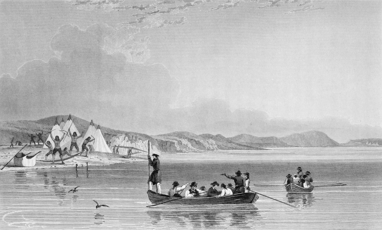 مخيم إسكيمو في جزيرة ريتشارد ، من "سرد لبعثة ثانية إلى شواطئ البحر القطبي في السنوات 1825-27" بقلم السير جون فرانكلين (1786-1847) منقوش من قبل إدوارد فيندن (1791-1818) بواسطة EN كيندال