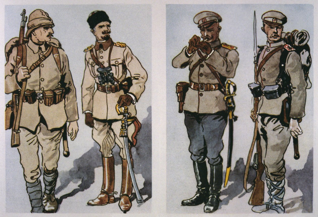 جندي المشاة والضابط التركي (يسار) وضابط المشاة البلغاري وجندي المشاة عام 1917 (يمين) عام 1917 (ليثو ملون) بواسطة إي (بعد) دوبريتش