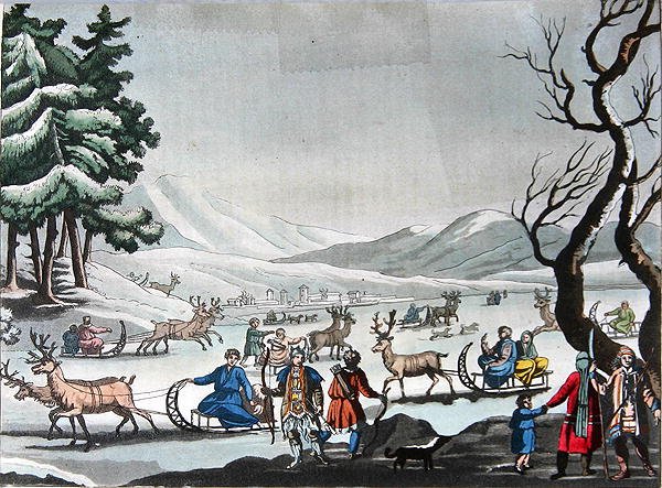 تونغوس يغادر معسكره الشتوي على مزلقة تجرها حيوانات الرنة ، حوالي عام 1820 (نقش ملون) بواسطة E. (بعد) Karnejeff