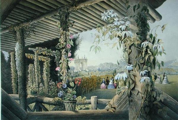 منظر من المقعد الريفي ، شروبلاندز ، من "حدائق إنجلترا" ، تم نشره عام 1857 (لون ليثو) بواسطة إ. أدفينو بروك