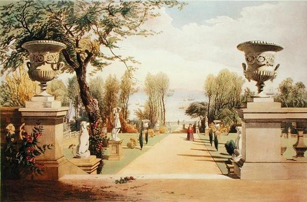 عرض في الحدائق ، ويستفيلد هاوس ، جزيرة وايت ، من "حدائق إنجلترا" ، تم نشره عام 1857 (كروموليثو) بواسطة إ. أدفينو بروك