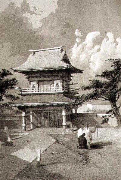 مدخل معبد في Hakotadi ، حانة. بواسطة ساروني وشركاه ، c.1856 (litho) بواسطة إي براون