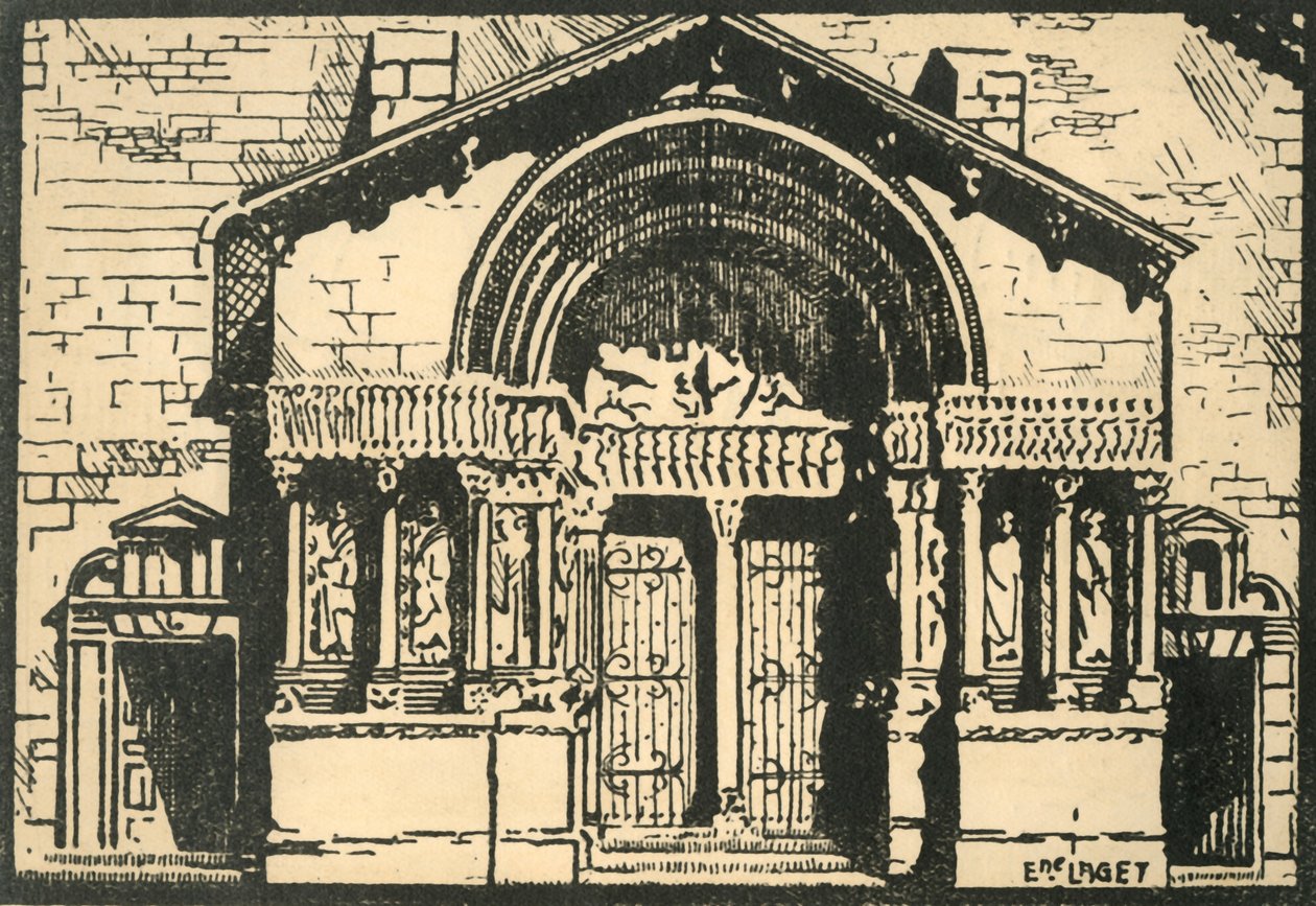 "St-Trophime - Le Portail - بوابة كنيسة St-Trophime" ، حوالي عشرينيات القرن العشرين. بواسطة إي لاجيت