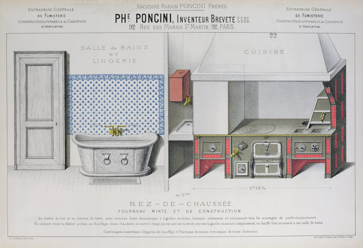 تصميمات المطبخ والحمام ، رسم توضيحي من كتالوج "Poncini" ، أواخر القرن التاسع عشر (لون ليثو) بواسطة إي لو بارون