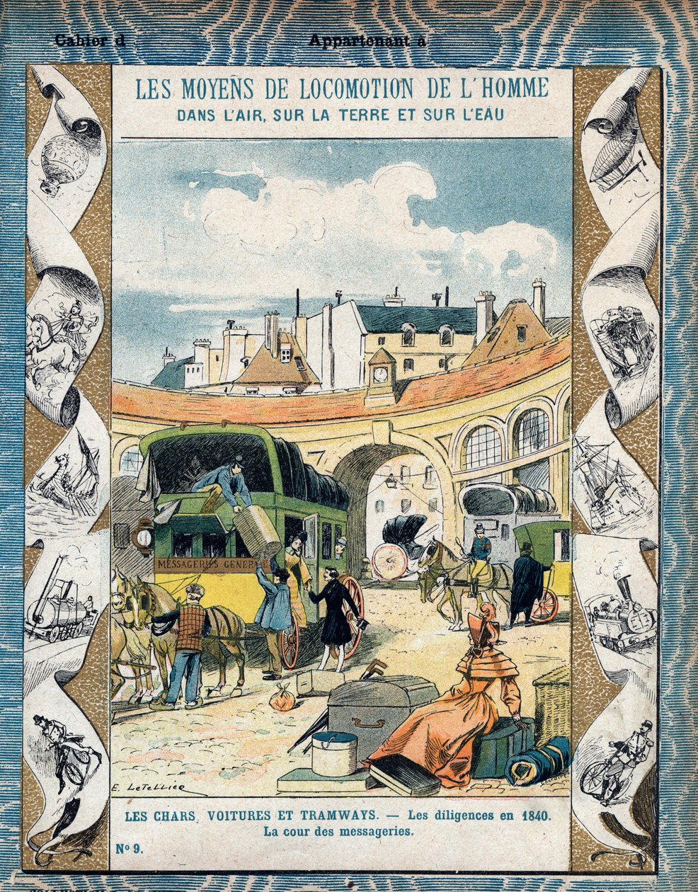 Diligence en 1840 - la Cour des messageries - Stagecoach في عام 1840 - من غلاف واقٍ للكتب المدرسية ، أواخر القرن التاسع عشر - رسم إيضاحي لـ E. بواسطة إي ليتيلييه