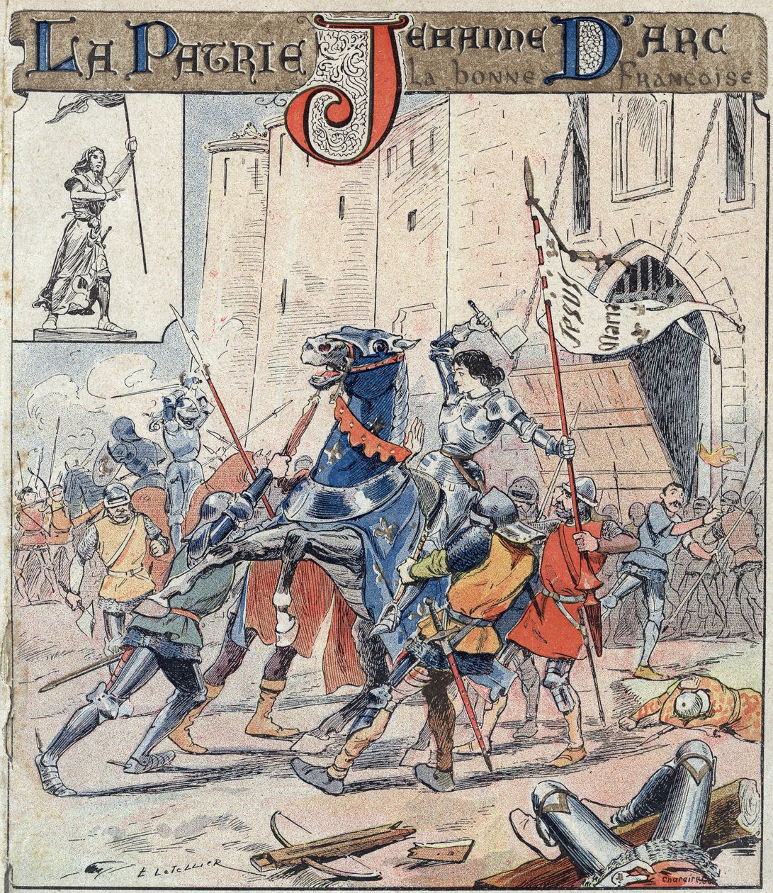تم القبض على جان دارك في 23 مايو 1430 وتم تسليمها إلى الإنجليز - في "Histoire de Jeanne d'Arc" "من غلاف واقي للكتب المدرسية ، أواخر القرن التاسع عشر - Jeanne d'Arc faite prisonniere a Compiegne - رسم إيضاحي لـ E Letellier - Prot بواسطة إي ليتيلييه