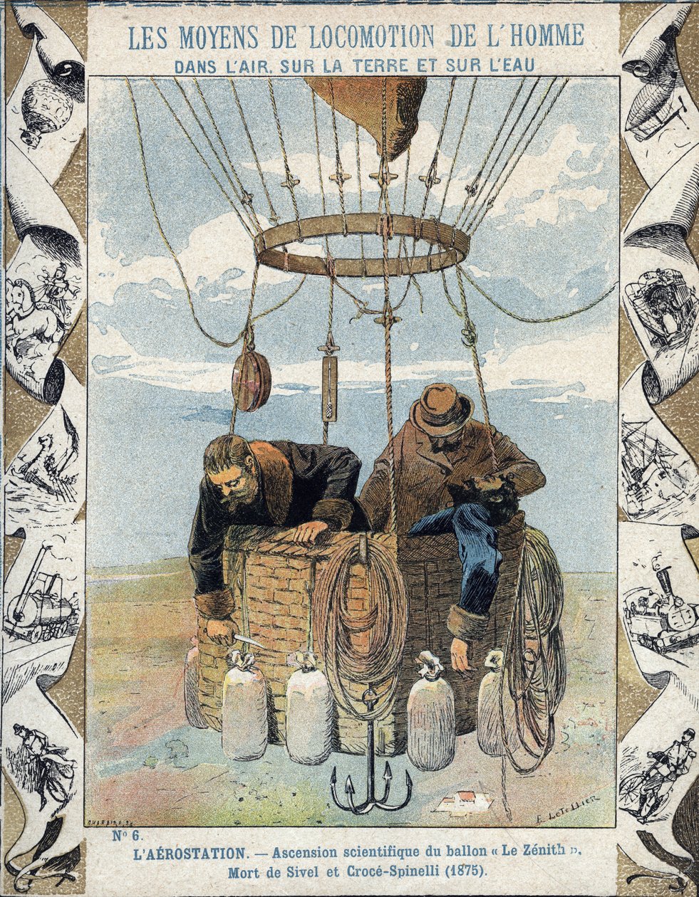 شوهد الصحفي جوزيف يوستاش كروتشي سبينيلي (1845-1875) ، والضابط البحري هنري ثيودور سيفيل (1834-1875) ، والمؤلف والعالم الفرنسي غاستون تيساندير (1843-1899) في سلة بالون زينيث بعد أن فقد وعيه بسبب نقصه. أوكسيج بواسطة إي ليتيلييه