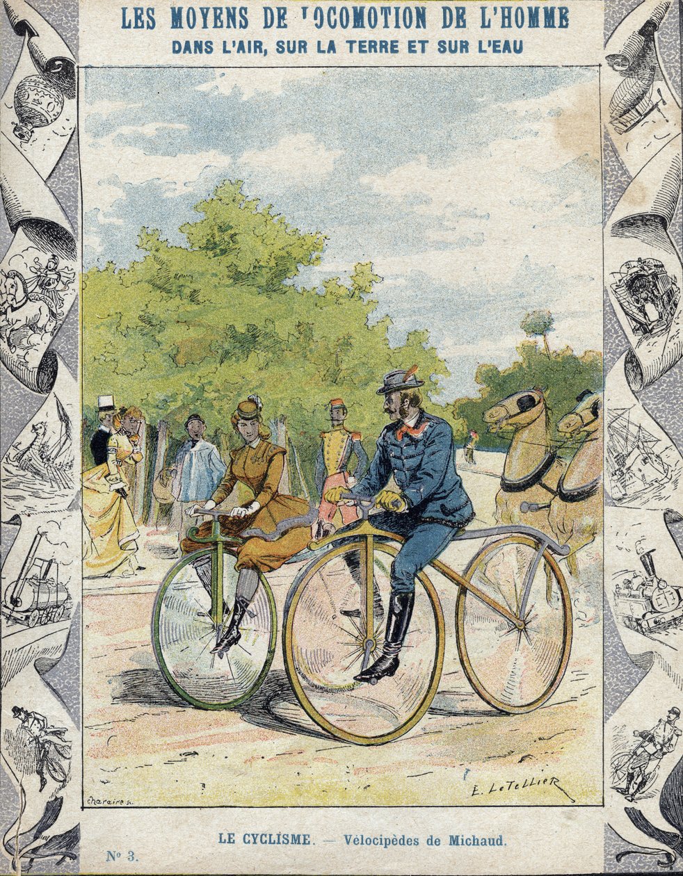 Pierre Michaux و Michaudine velocipedes - من غلاف واقي للكتب المدرسية ، أواخر القرن التاسع عشر - فيلوسيبيدس دواسة (les michaudines) بقلم بيير ميشو (1813-1883) بواسطة إي ليتيلييه