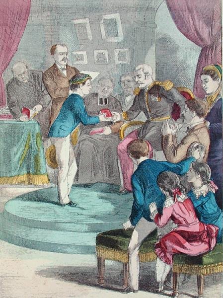حفل توزيع الجوائز ، رسم توضيحي من "Beaux Jours et Fetes des Petits Enfants" بقلم A. des Tilleuls ، أواخر القرن التاسع عشر (نقش ملون) بواسطة إي موريل