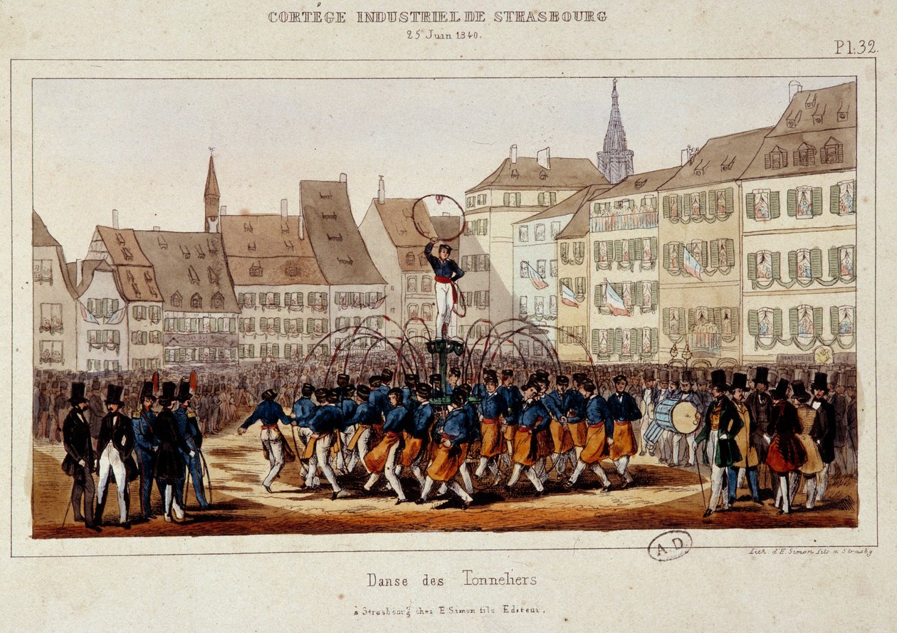 La danse des tonneliers أثناء الموكب الصناعي في ستراسبورغ بتاريخ 25/06/1840. ليثوجراف سيمون بواسطة إي سيمون