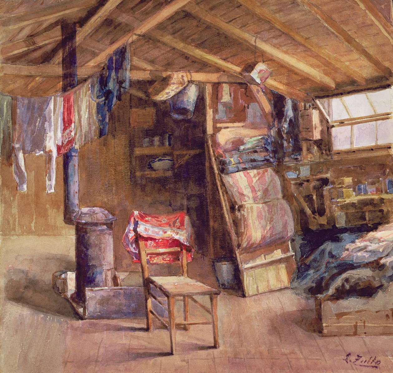 A Garret Interior ، حوالي 1860 (ألوان مائية على ورق) بواسطة إي زويلو