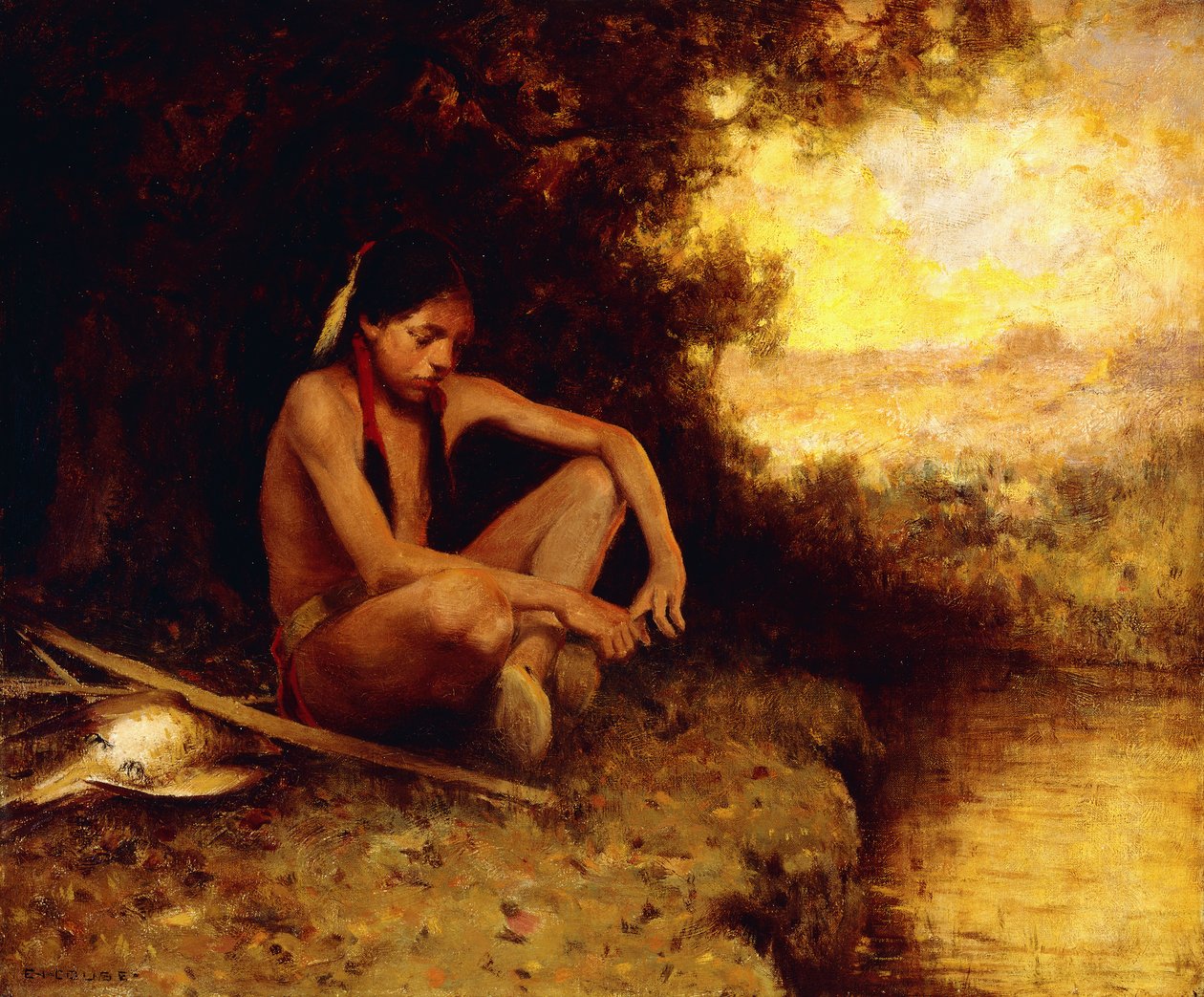 Young Hunter by a Stream (زيت على قماش) بواسطة Eanger ايرفينج Couse