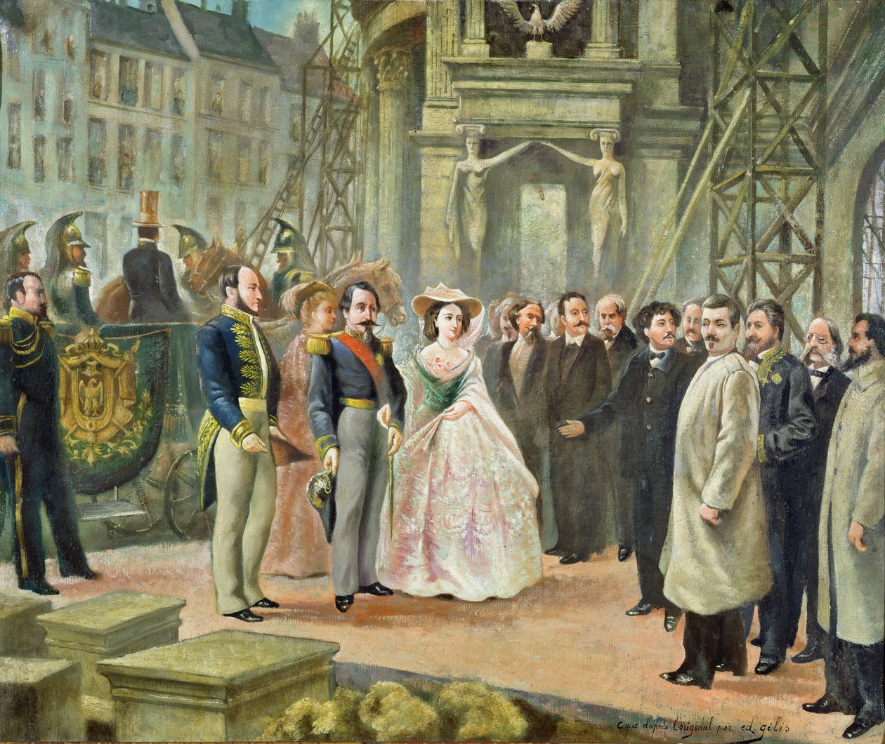 Baron Georges-Eugene Haussmann (1809-91) Napoleon III (1808-73) و Empress Eugenie (1826-1920) زيارة العمال في الأوبرا بواسطة إد. جيليس