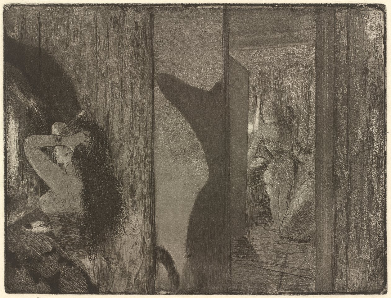 الممثلات في غرف تبديل الملابس ، 1879-1880 (النقش و aquatint على ورق منسوج) بواسطة إدغار ديغا