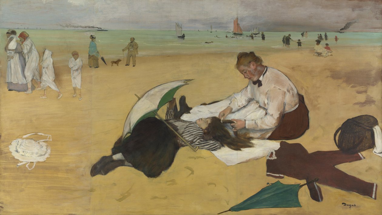 مشهد على الشاطئ: فتاة صغيرة تمشيط شعرها من قبل مربية أطفالها ، c. 1876-77 (زيت على ورق) بواسطة إدغار ديغا