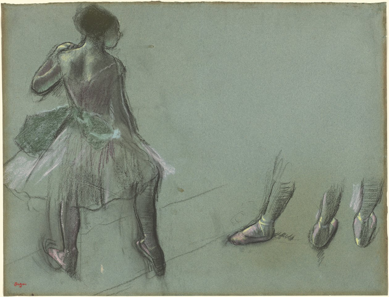 راقصة من الخلف وثلاث دراسات للأقدام ، c.1878 (طباشير أسود وباستيل على ورق مزرق أزرق رمادي) بواسطة إدغار ديغا