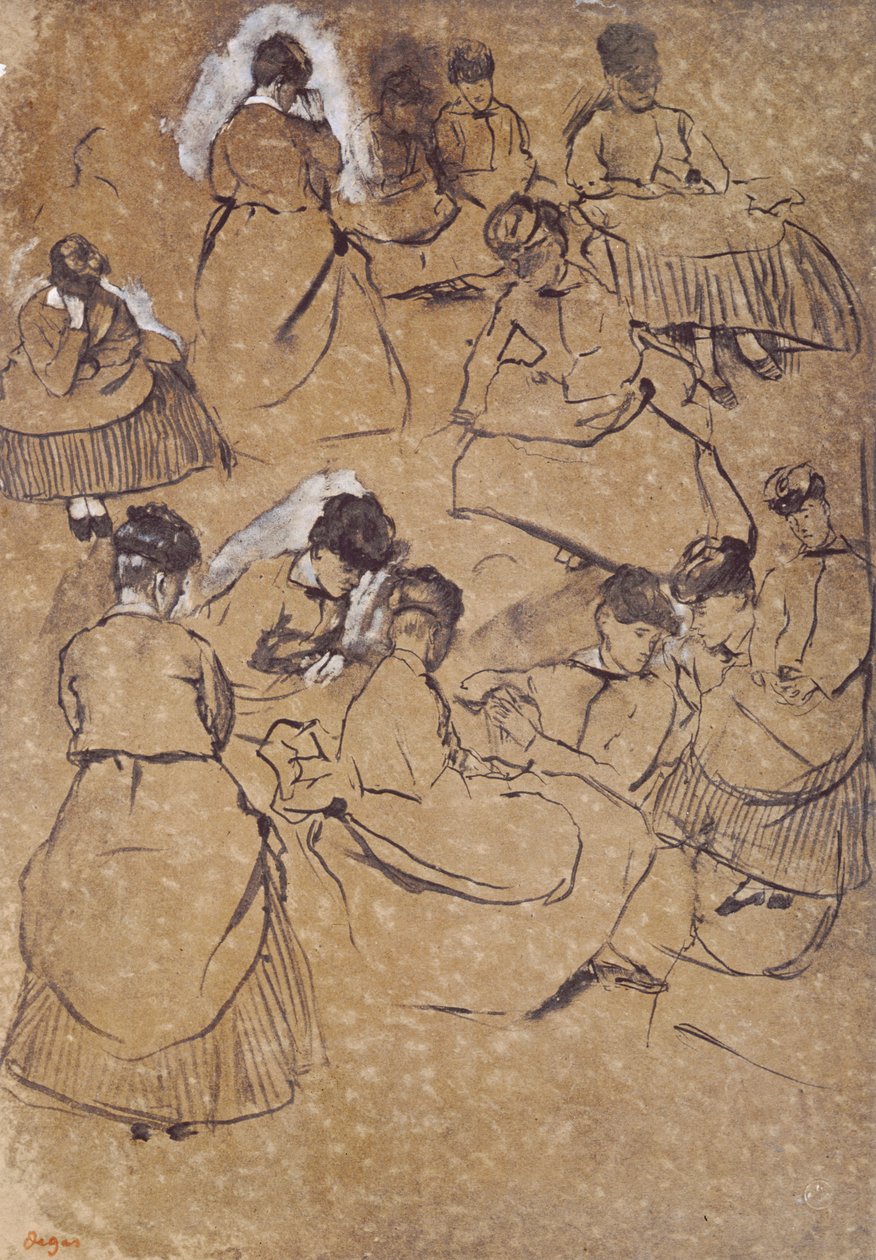 اثنا عشر دراسة للنساء في زي الإمبراطورية الثانية (قلم وحبر على ورق برتقالي) بواسطة إدغار ديغا
