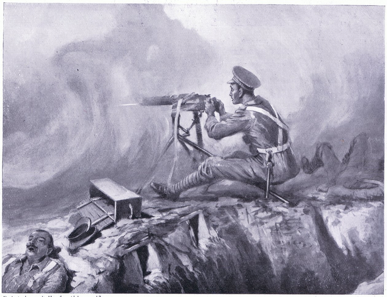 يموت لين الخاص من التسمم بالغاز ، ويخدم مدفع رشاش ويتفوق على هجوم ألماني. Ypres أبريل 1915 بواسطة إدغار ألفريد هولواي