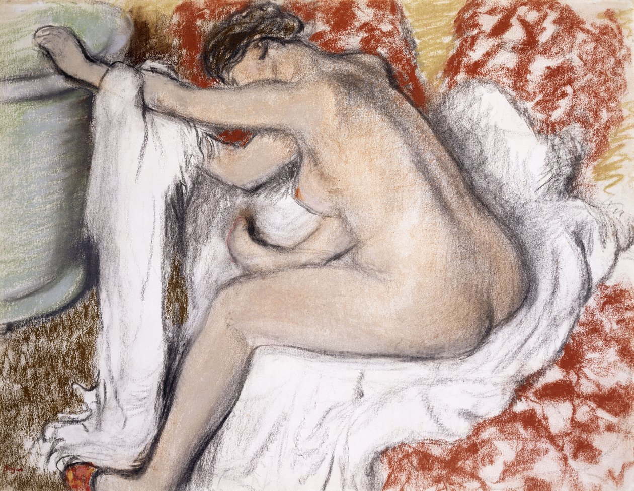 بعد الاستحمام (تجفف المرأة نفسها) ؛ La Sortie du Bain (Femme S&39;Essuyant) ، c.1885 (باستيل فوق monotype على الورق) بواسطة إدغار ديغا