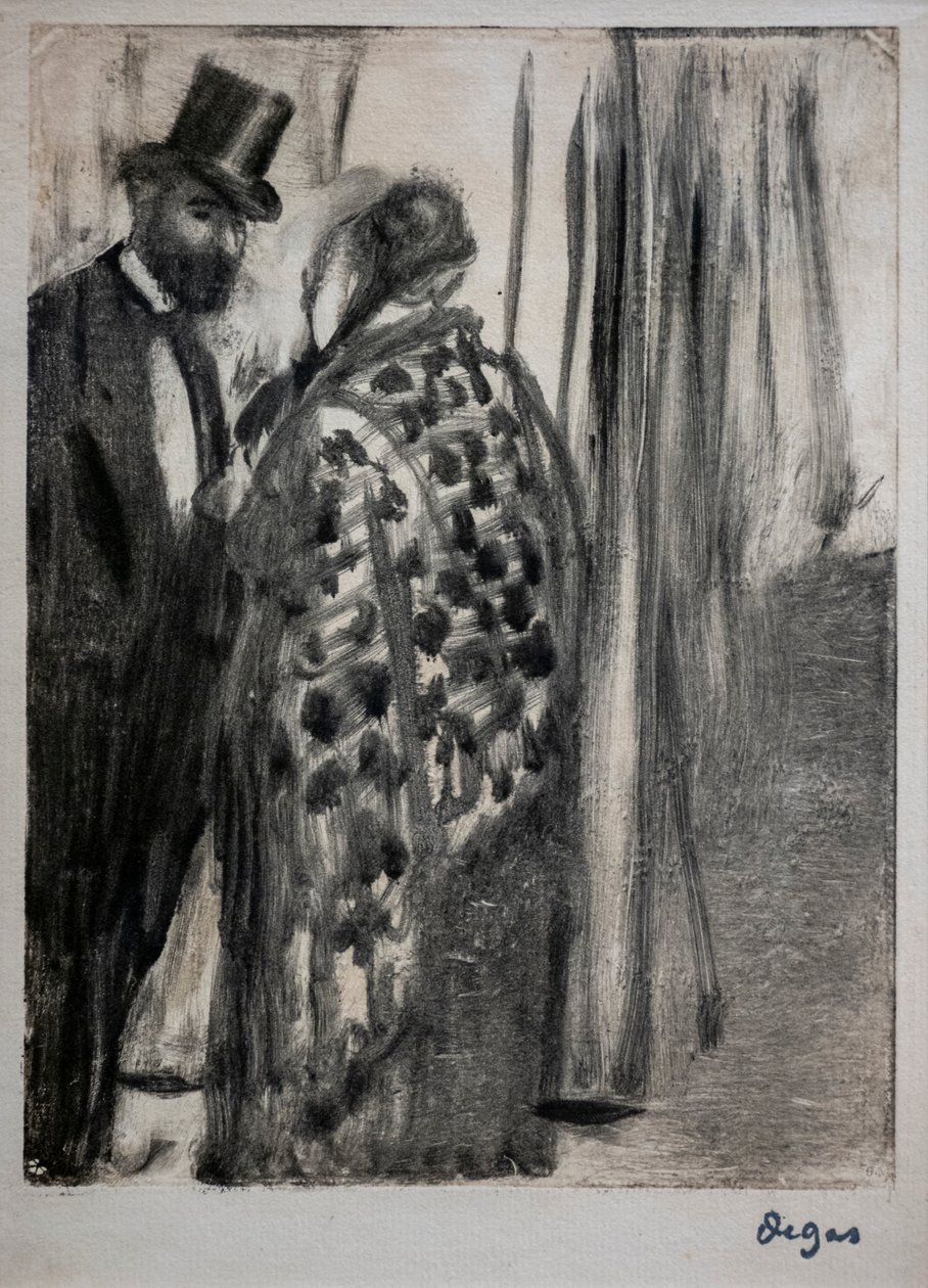 محادثة (لودوفيك هاليفي ومدام كاردينال). حوالي 1876-1877. يحتوي Monotype على حوامل حبر أسود على ورق مقوى ثانوي للدعم من قبل الفنان. بواسطة إدغار ديغا