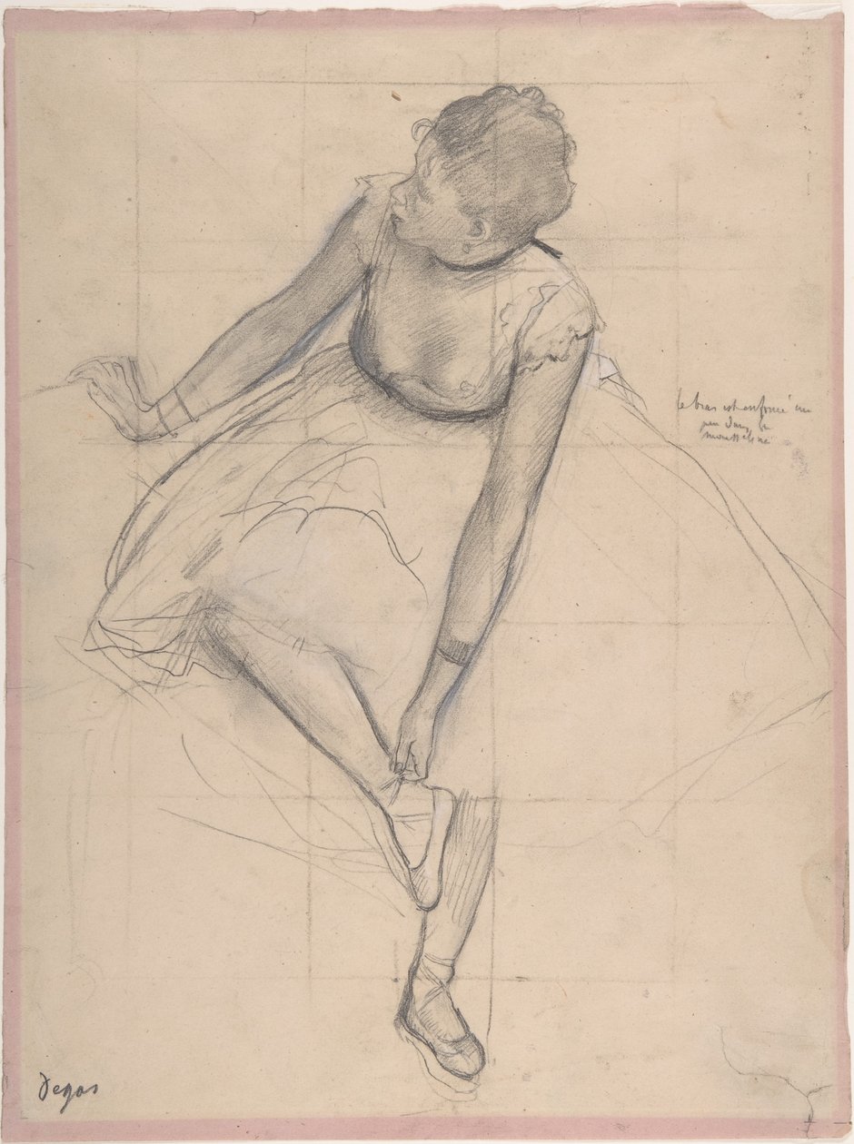 Dancer Adjusting Her Slipper ، 1873 (الجرافيت مرتفع مع الطباشير الأسود والأبيض على ورق نسج وردي) بواسطة إدغار ديغا