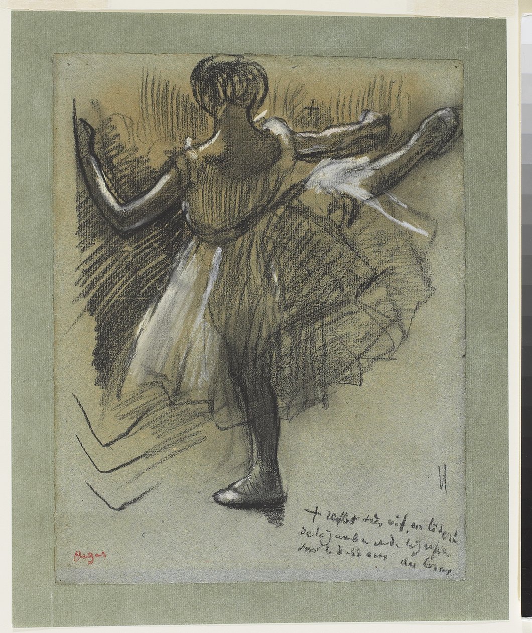 Dancer Vue de Dos ، "Grand Battement à la Seconde" ، حوالي عام 1885 - 90 (طباشير أسود مضاف إليه طباشير أبيض على ورق أخضر مسطح) بواسطة إدغار ديغا
