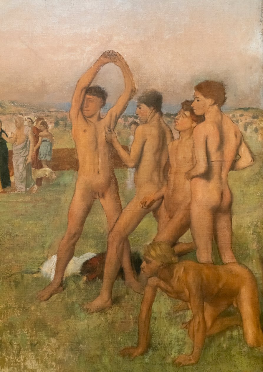 الفتيات الصغيرات المتقشفات يستفزاز الأولاد (التفاصيل). حوالي 1860-1862 ، استؤنفت قبل 1880. زيت على قماش بواسطة إدغار ديغا