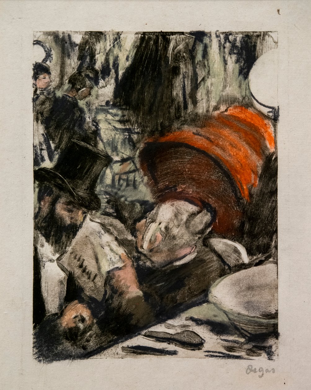 لودوفيتش هاليفي يسمع قصة السيدة كاردينال في غرفة تبديل الملابس. حوالي 1876-1877. باستيل على نمط أحادي بالحبر الأسود ، الاختبار الأول. بواسطة إدغار ديغا