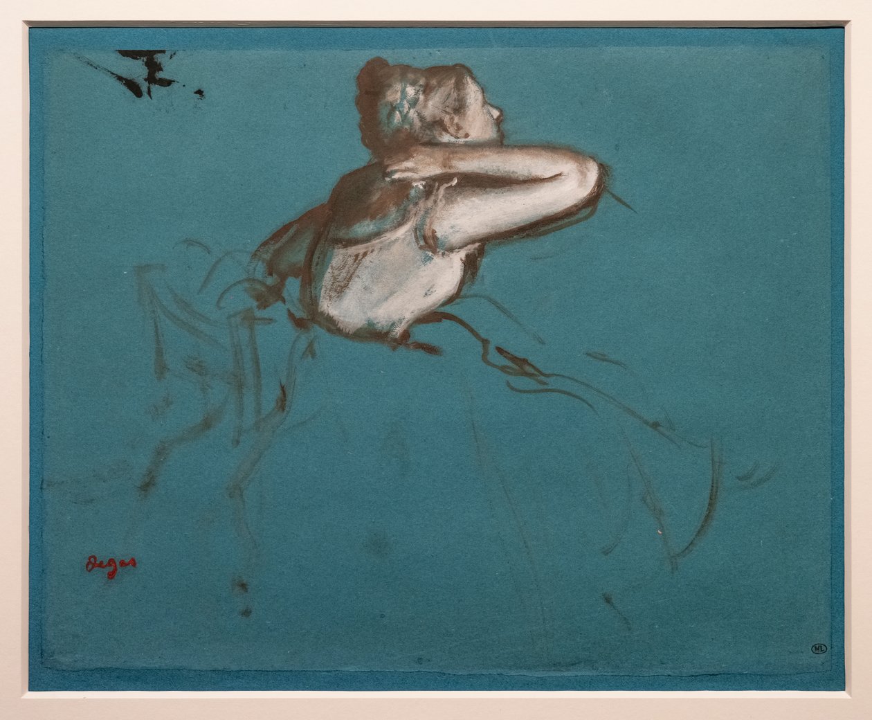 تحولت راقصة جالسة إلى اليمين (دراسة عن الشكل الجالس لـ "Repetition de ballet sur la scène"). 1873. الزيت والطلاء له جوهر على الورق بواسطة إدغار ديغا