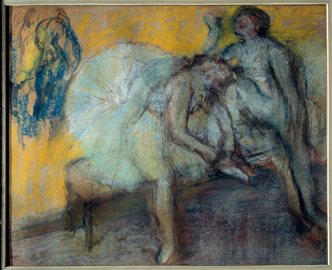 راقصان في وضع الباستيل والفحم على ورق شمواه بواسطة إدغار ديغا (1834-1917). 1910-1912 خافت. 0،78x0،96 م باريس ، متحف أورسيه بواسطة إدغار ديغا