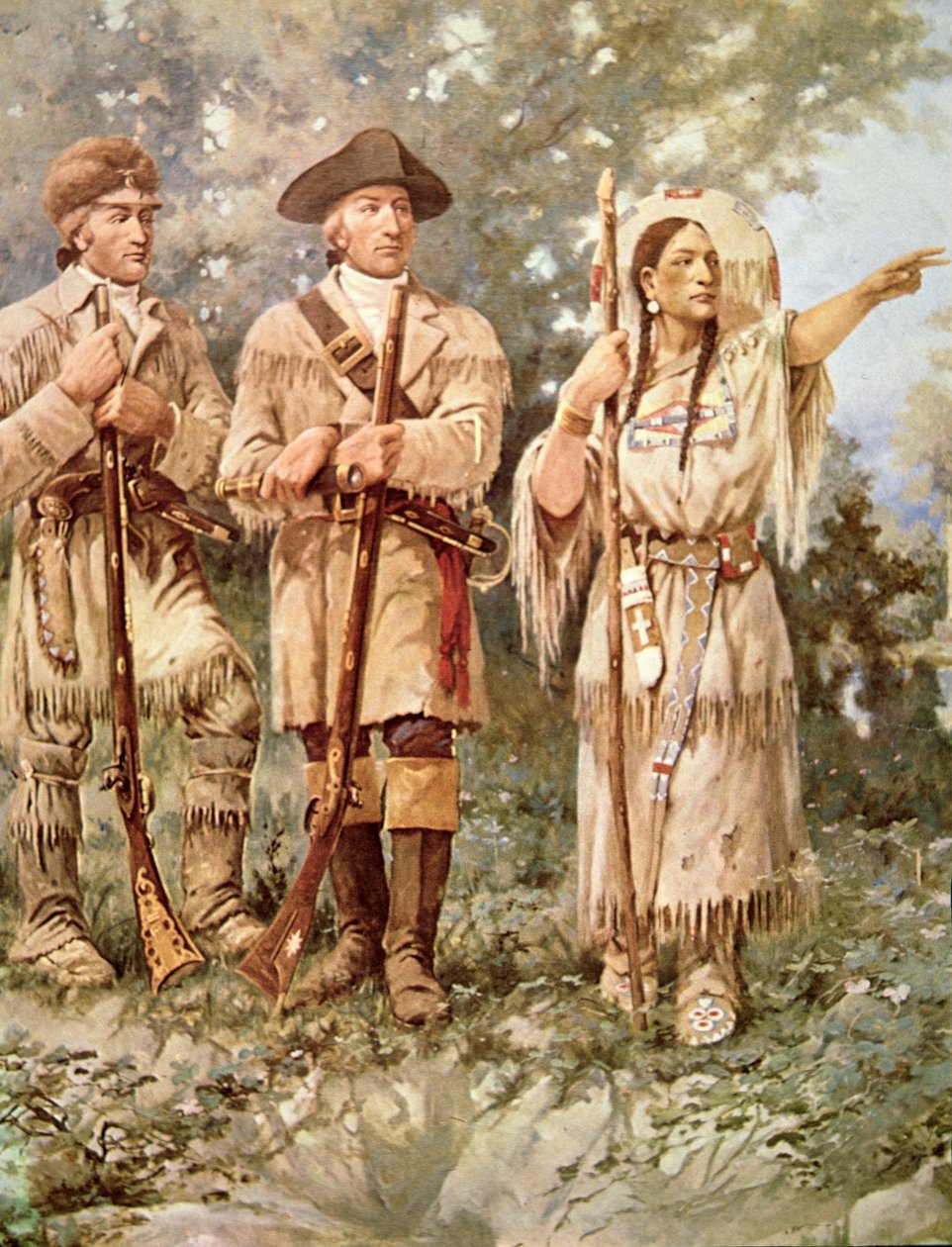 Lewis and Clark with Sacagawea (colour litho) (detail) بواسطة إدغار صموئيل باكسون