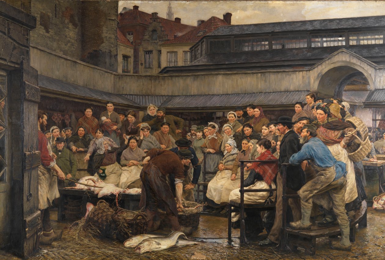 سوق السمك القديم في أنتويرب عام 1882 (زيت على قماش) بواسطة إدجار فراسين