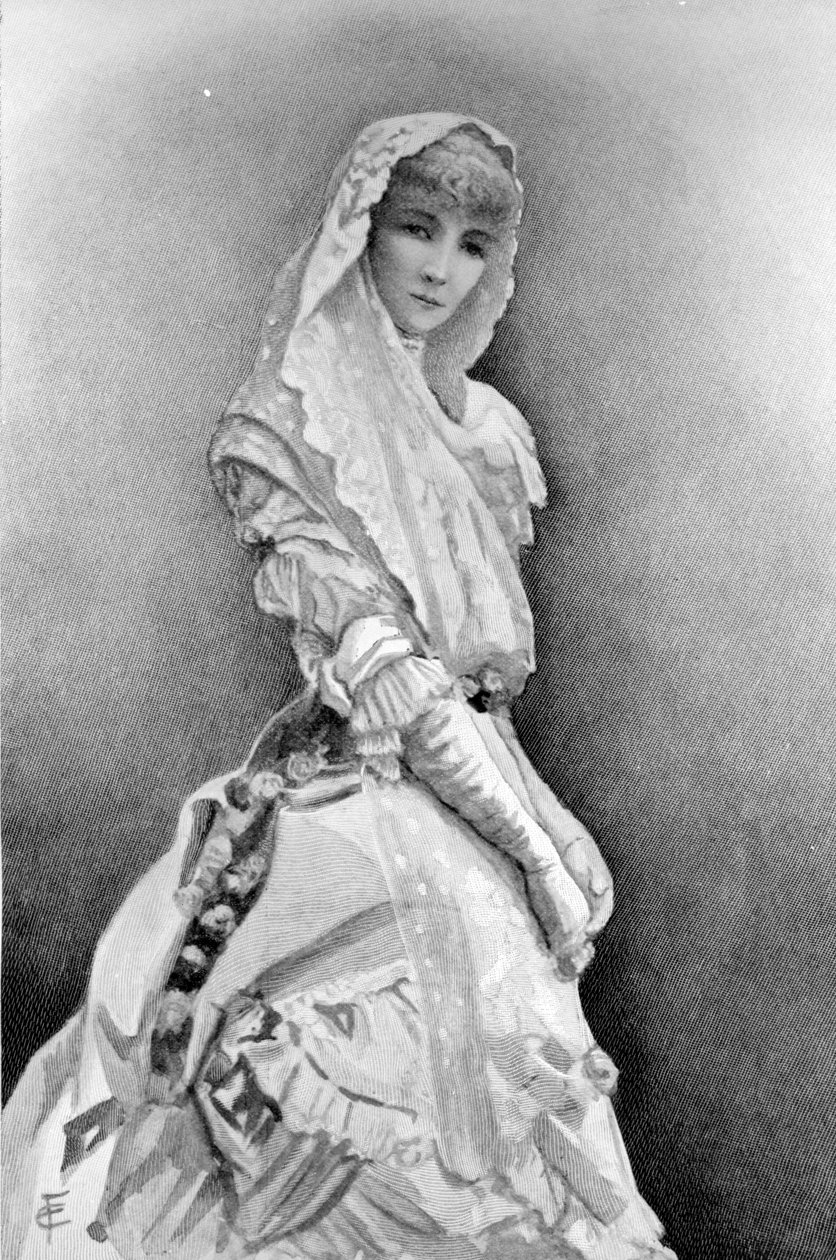 سارة برنهاردت مثل مارغريت غوتييه في فيلم La Dame aux Camelias للمخرج الكسندر دوماس فلس في الإنتاج الأول في الولايات المتحدة ، ج. 1880 بواسطة إديث فيثيان
