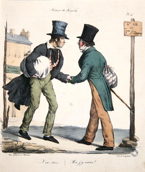 رجل يغادر والآخر يعود إلى المستشفى ، رسم كاريكاتوري من سلسلة Moeurs Parisiennes ، نقشه لانجلوم ، حوالي عام 1825 (حجر ملون) بواسطة إدمي جان (بعد) بيجال