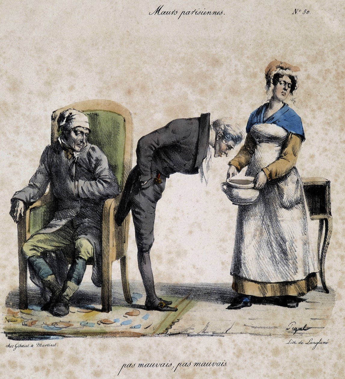 طبيب مريض يبحث في القدر وخادم. رسم كاريكاتوري عن الأخلاق الباريسية بواسطة Pigal (القرن التاسع عشر) ، محفوظ في متحف Dobree في نانت. بواسطة إدمي جان (بعد) بيجال