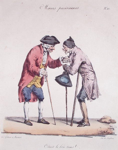 "تلك كانت الأيام الخوالي" ، صورة كاريكاتورية من سلسلة Moeurs Parisiennes ، نقشها لانجلوم ، حوالي عام 1825 (حجرية ملونة) بواسطة إدمي جان (بعد) بيجال