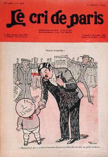 "فرانك فيرست" ، بيير لافال (1883-1945) مع الفرانك الصغير ، صورة كاريكاتورية من مجلة "لو كري دو باريس" بواسطة إدموند (1861 1943) نسيج