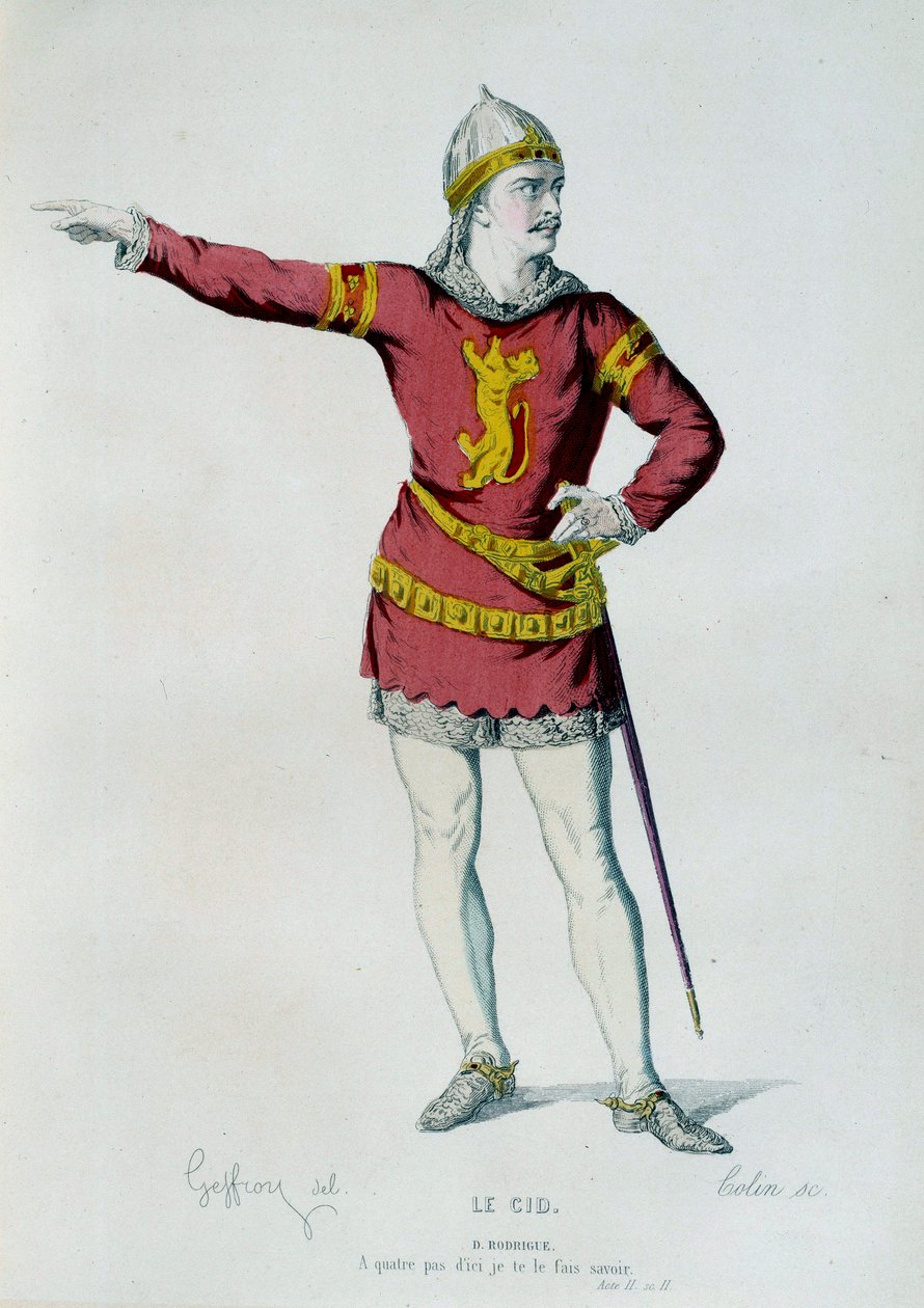 زي Don Rodrigue أو Le Cid في المشهد 2 من الفصل الثاني من "Le Cid" لـ Pierre Corneille (1606-1684). رسم إيضاحي من إدموند جيفروي (1804-1895) في القرن التاسع عشر في باريس ، كوميديا فرنسية بواسطة إدموند إيمي فلورنتين جيفروي
