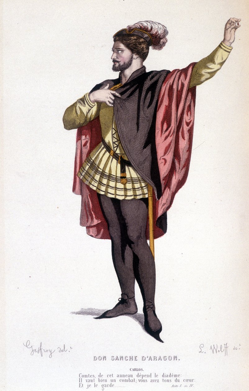 شخصية كارلوس في الكوميديا Don Sanche d'Aragon - مسرح كامل: (مجموعة مسرحيات من تأليف Corneille) رسم بواسطة Geffroy ، نقش L. Wolff - محرر. لابلاس ، سانشيز إت سي ، باريس 1884 بواسطة إدموند إيمي فلورنتين جيفروي