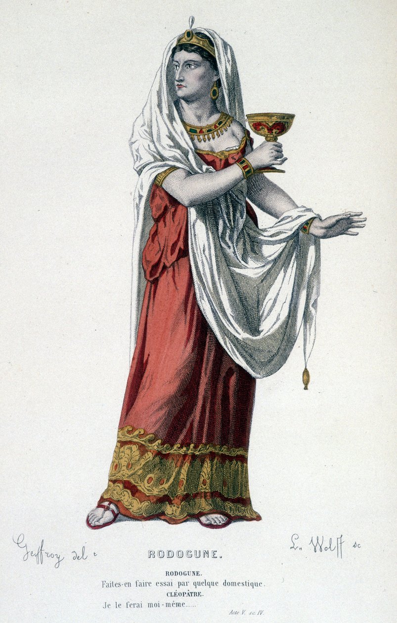 شخصية كليوباتري في تراجيديا Rodogune princess des Parthes - Full Theatre: (مجموعة مسرحيات Corneille) رسمها Geffroy ، نقش L. Wolff - ed. لابلاس ، سانشيز إت سي ، باريس 1884 بواسطة إدموند إيمي فلورنتين جيفروي