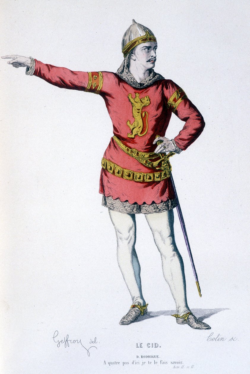 شخصية Don Rodrigue في الكوميديا التراجي Le Cid - Full Theatre: (مجموعة مسرحيات من تأليف Corneille) رسمها Geffroy ، نقش بواسطة Colin - ed. لابلاس ، سانشيز إت سي ، باريس 1884 بواسطة إدموند إيمي فلورنتين جيفروي