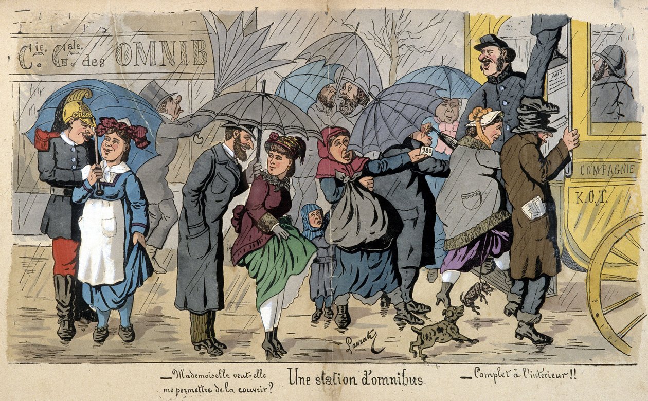 محطة شاملة تحت المطر - رسم فكاهي للافراتي ، حوالي عام 1880 بواسطة إدموند لافرات