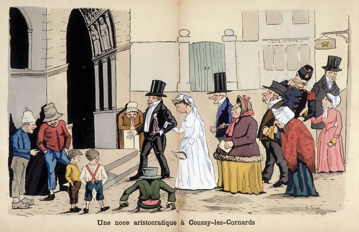 رسم كاريكاتوري عن المجتمع الفرنسي من تصميم Lavrate: حفل زفاف أرستقراطي في Coussy les Cornards. 1880 بواسطة إدموند لافرات