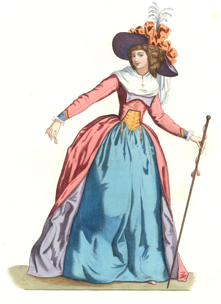 French woman in fashion of the 18th century - Lithography based on an illustration by Edmond Lechevallier-Chevignard (1825-1902), from “Costumes historiques des 16th بواسطة ادمون ليتشيفالييه شيفينارد