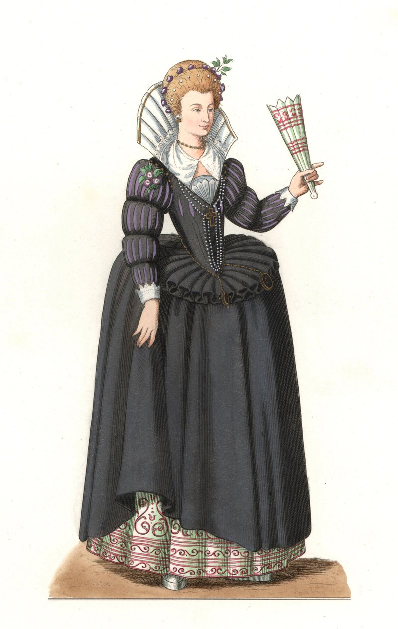 امرأة فرنسية في عهد الملك هنري الثالث (1551-1589) - الطباعة الحجرية تستند إلى رسم إيضاحي من إدموند ليتشيفالييه شوفينارد (1825-1902) ، من "Costumes historyiques des 16th" بواسطة ادمون ليتشيفالييه شيفينارد