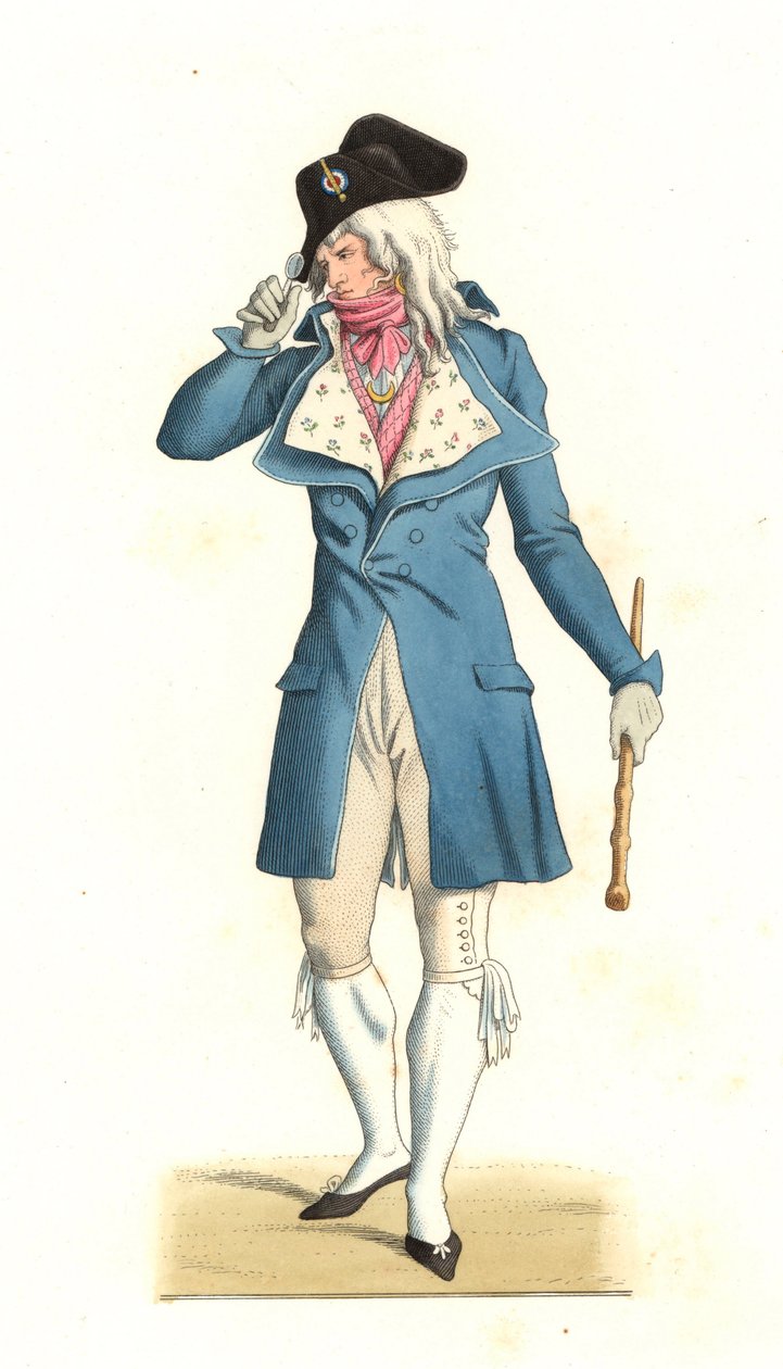 شاب فرنسي ولد على طراز الخارقون في القرن الثامن عشر ، بعد لوحة لكارل فيرنيه (1758-1836) - الطباعة الحجرية من رسم إيضاحي لإدموند ليتشيفالييه شوفينارد (1825-1902) ، من "Costumes historyiques des 16e" بواسطة ادمون ليتشيفالييه شيفينارد