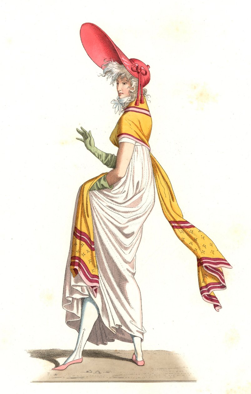 شابة فرنسية ترتدي أزياء القرن الثامن عشر الرائعة ، بعد لوحة لكارل فيرنيه (1758-1836) - الطباعة الحجرية بعد رسم إيضاحي من إدموند ليتشيفالييه شوفينارد (1825-1902) ، من "Costumes historyiques des 16th" بواسطة ادمون ليتشيفالييه شيفينارد