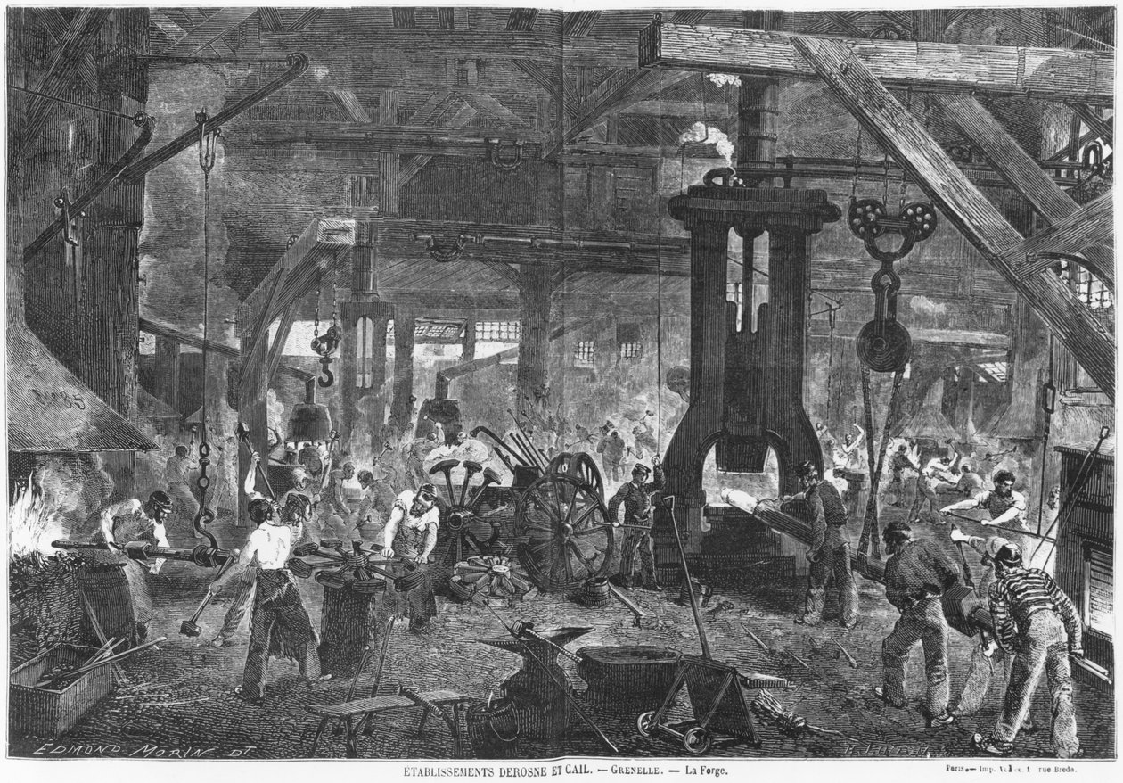 Forge of the Derosne and Cail Company، Grenelle، Illustration from &39;Les Grandes Usines&39; لجوليان تورجان ، منقوش بواسطة هنري داف لينتون (1815-99) ج 1880 (النقش) (وزن صورة) بواسطة 